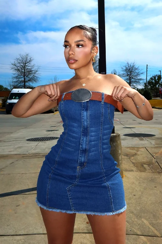 Bottoms Up Belted Denim Tube Dress