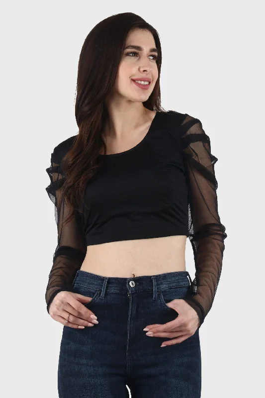 Black Solid Top with Sheer Sleeves