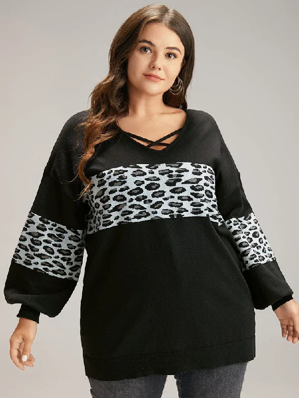 Anti-Pilling Leopard Patchwork Crisscross Neck Pullover