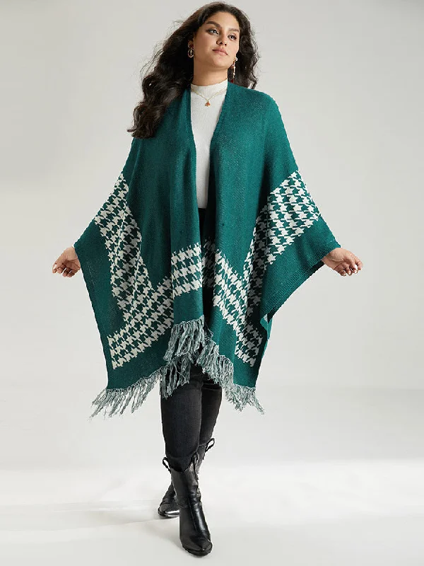 Houndstooth Fringe Trim Loose Cape