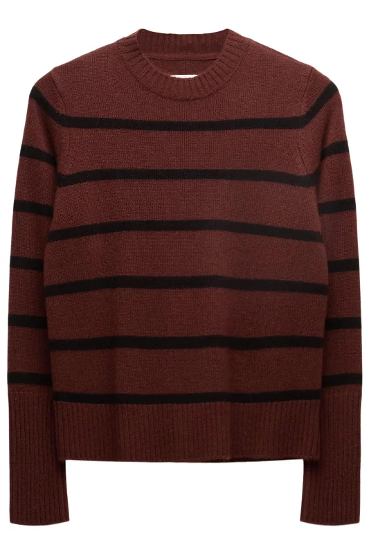 Not Monday Jane Cashmere crewneck Sweater in Currant & Black Stripe