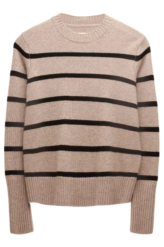 Not Monday Jane Cashmere crewneck Sweater in Latte & Black Stripe