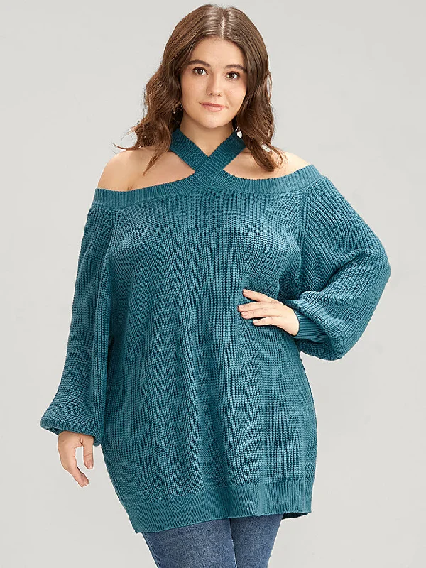 Solid Pointelle Knit Lantern Sleeve Cold Shoulder Knit Top