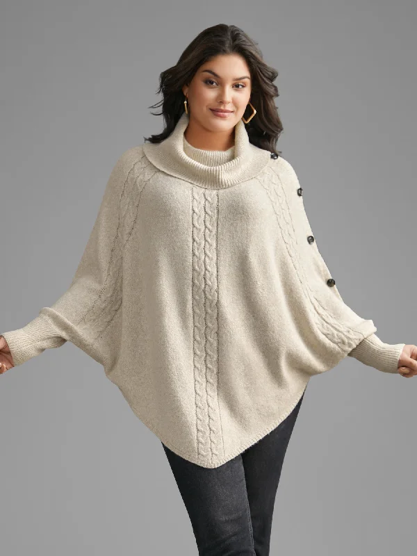 Turtleneck Cable Knit Asymmetrical Hem Pullover