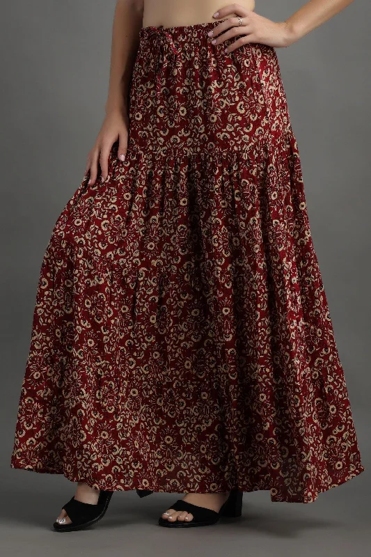 Dark Red Floral Printed Skirt