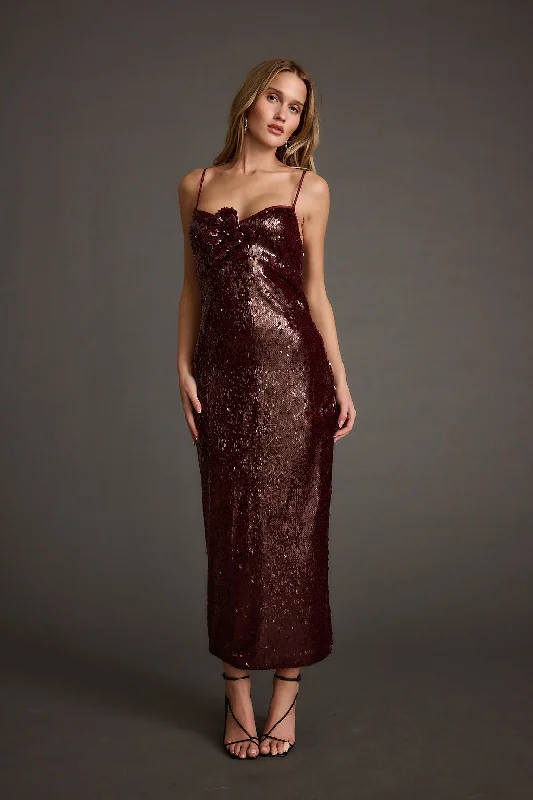 All For You Merlot Sequin Rosette Midi Dress