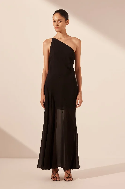 AMINA ONE SHOULDER PANELLED MAXI DRESS - BLACK