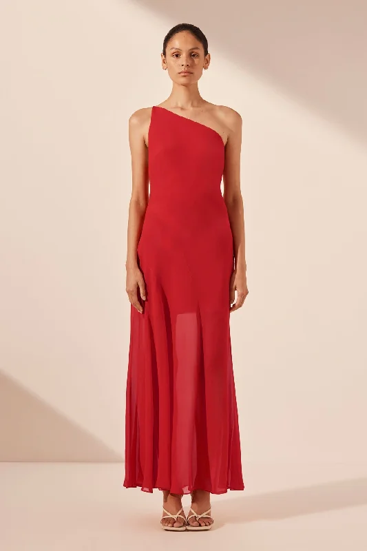 AMINA ONE SHOULDER PANELLED MAXI DRESS - CHILLI