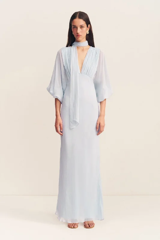 AMINA PLUNGE BALLOON SLEEVE MAXI DRESS - SKY