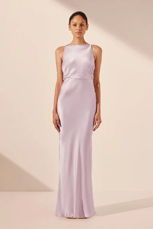 LA LUNE HIGH NECK RUCHED MAXI DRESS - LILAC