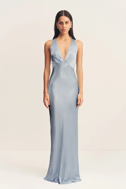 LA LUNE PLUNGED CROSS BACK MAXI DRESS - POWDER BLUE