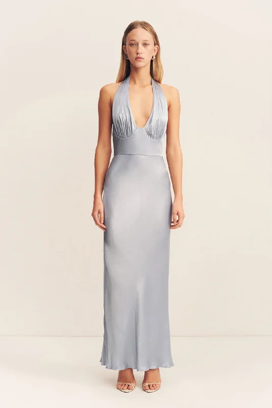 LA LUNE PLUNGED HALTER MIDI DRESS - POWDER BLUE