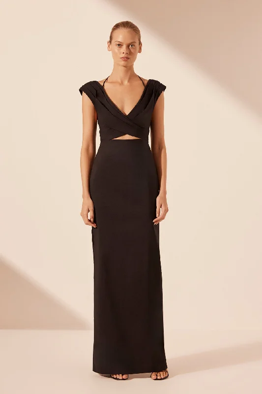 LANI CROSS FRONT RUCHED MAXI DRESS - BLACK