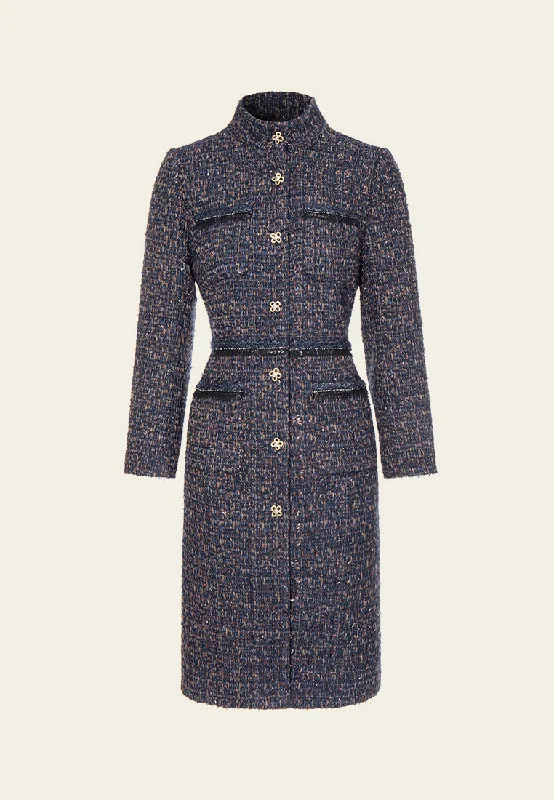 Mixed Tweed Embellished-trim Stand Collar Dress