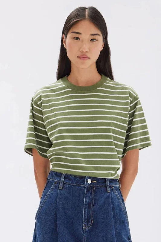 Assembly Label - Womens Cohen Stripe Short Sleeve Tee, Pandan/ Antique White