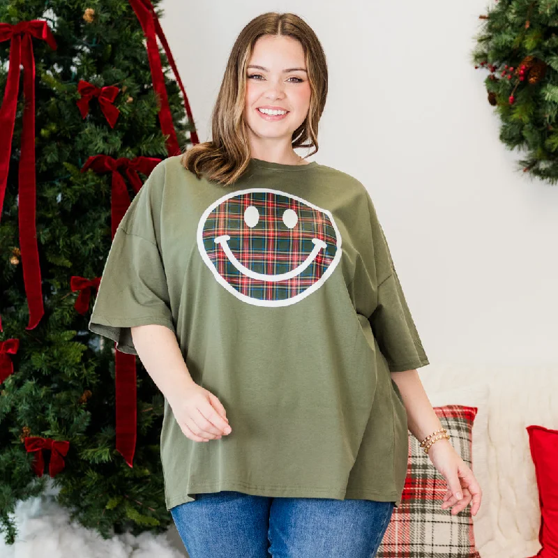 Plaid Smiley Boyfriend Tee, Moss