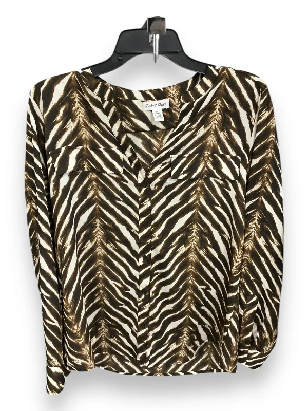 Blouse Long Sleeve By Calvin Klein In Brown & Cream, Size: M