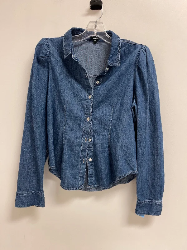 Blouse Long Sleeve By Express In Blue Denim, Size: M