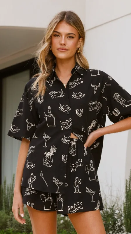 Charli Button Up Shirt and Shorts Set - Black/Beige Cowboy Print