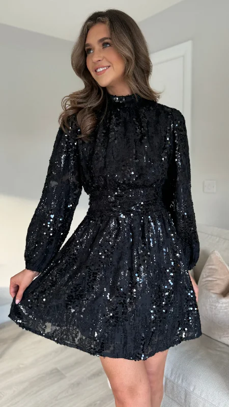 Merla Black Sequin High Neck Belted Mini Dress