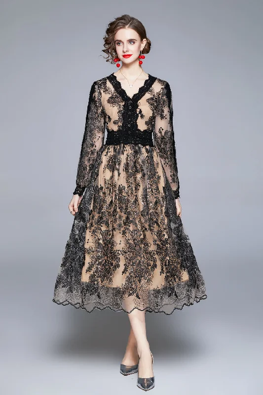 Black & Apricot Evening A-line V-neck Long Sleeve Midi Lace Dress