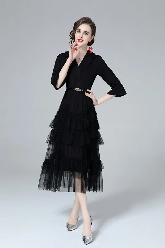 Black ?ocktail A-line Notch Lapel Elbow Sleeve Midi Ruffled Dress