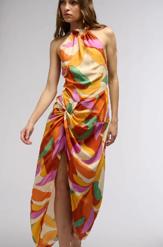 BOTANICAL BEAUTY PRINTED MIDI DRESS IN ORANGE MULTI