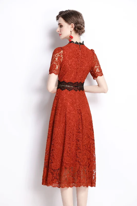 Brown Evening A-line Crewneck Short Sleeve Midi Lace Dress