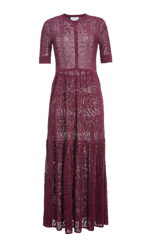 Iris Pointelle Knit Pleated Maxi Dress with Slip in Bordeaux Cotton Silk