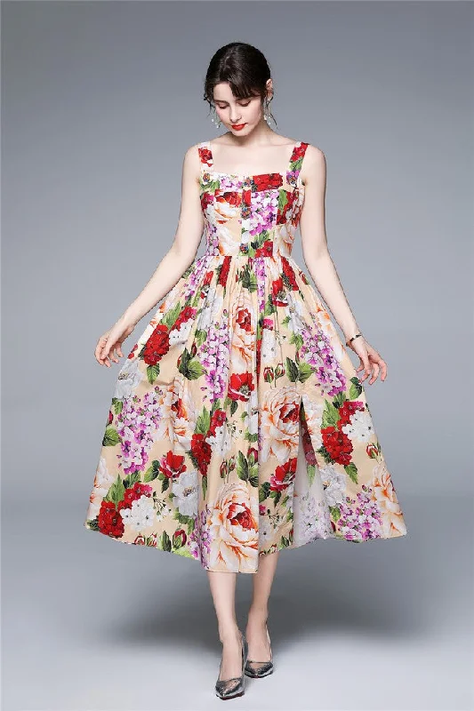 Multicolor Day A-line Off The Shoulder Strap Midi Floral Dress