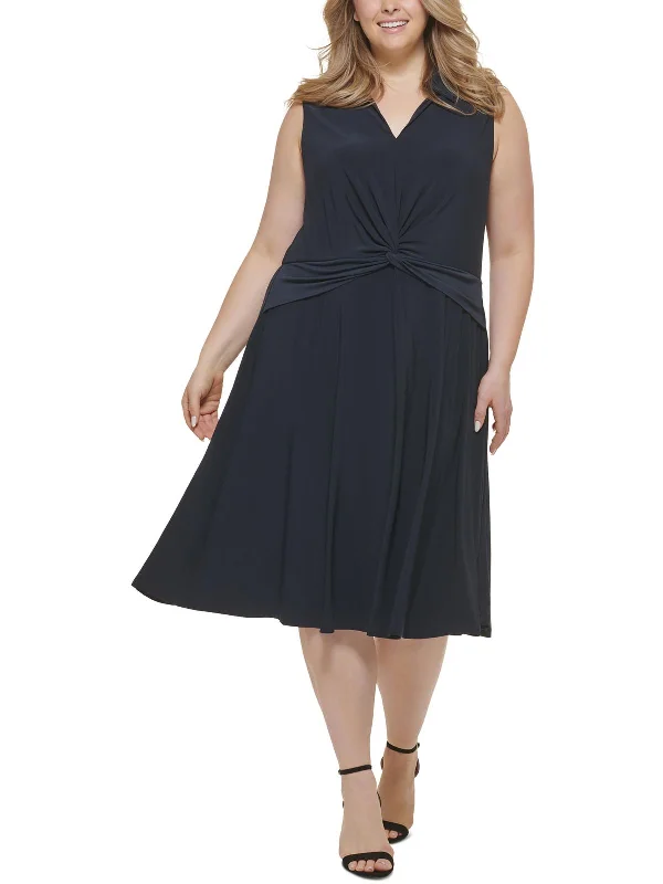 Plus Womens Twist-Front Midi Fit & Flare Dress