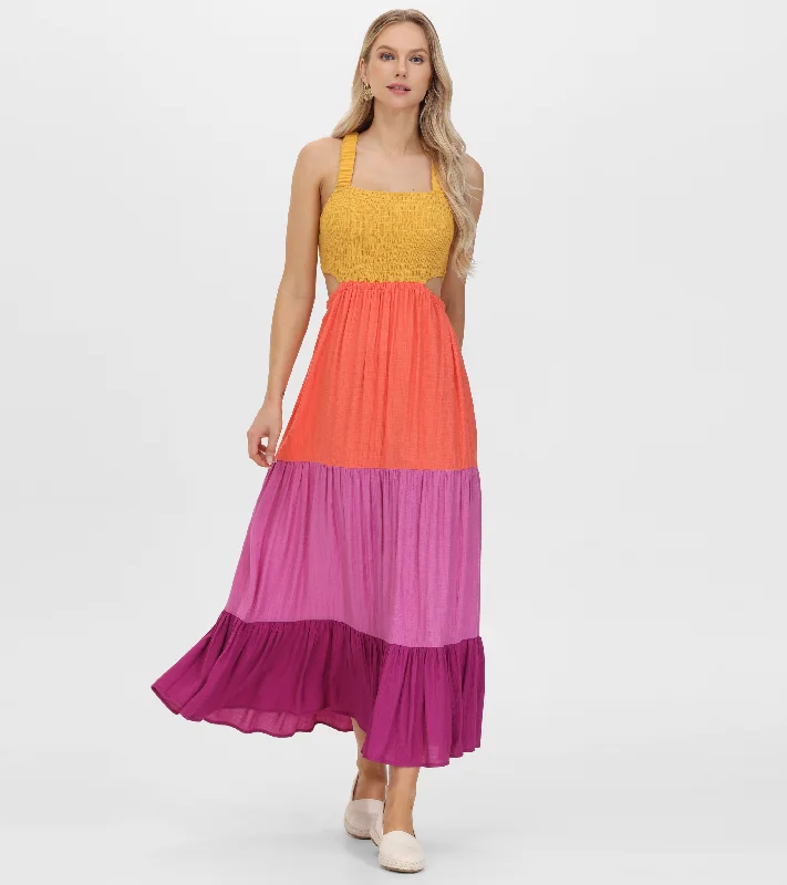 Smocked Color Block Maxi Dress