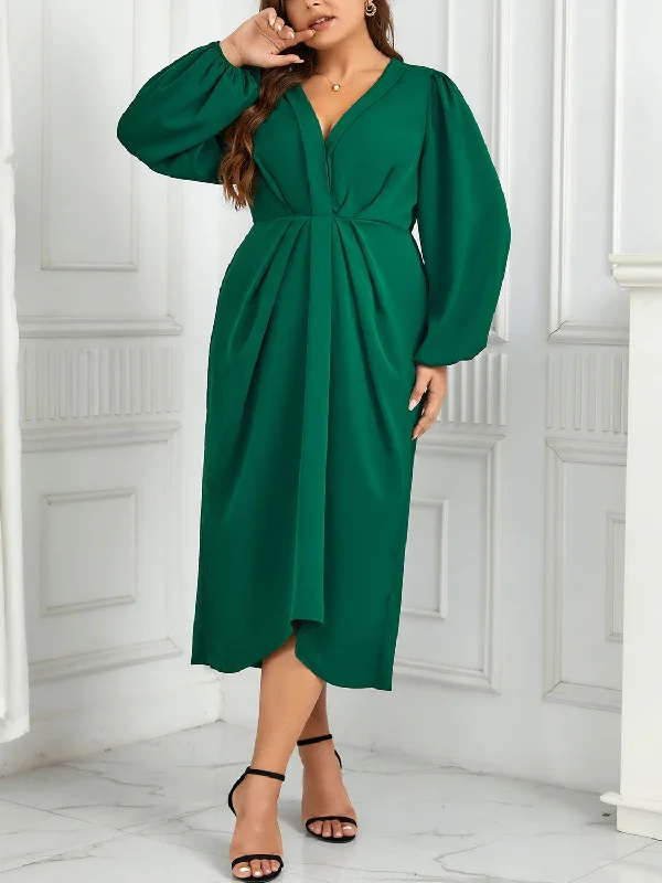 V-Neck Balloon Sleeve Midi Dress