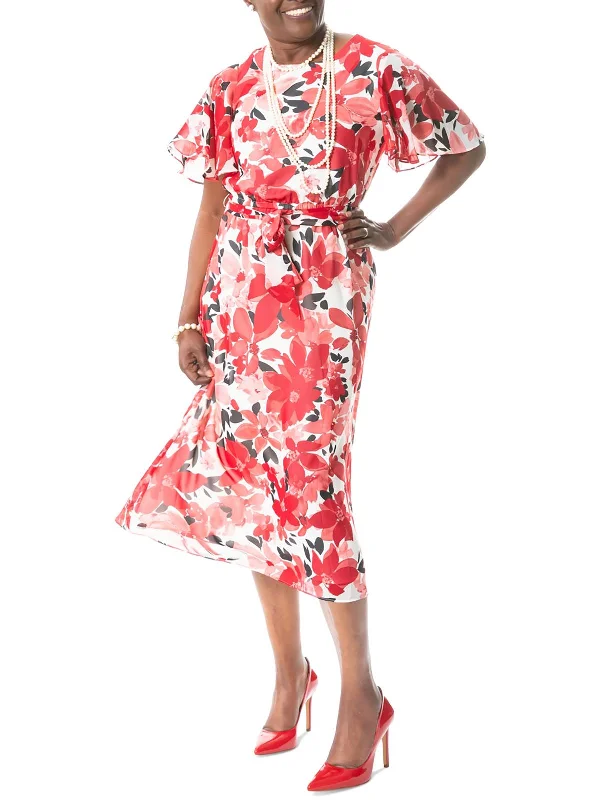 Womens Floral Print Calf Midi Dress