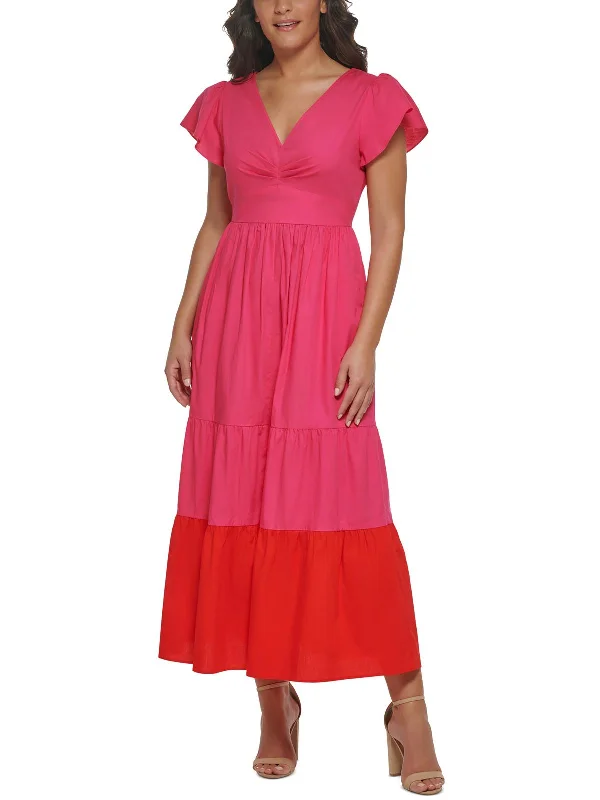 Womens Flutter Sleeve Long Maxi Dress