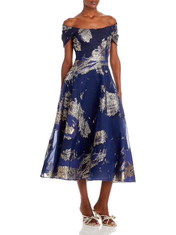 Womens Jacquard Off-The-Shoulder Midi Dress