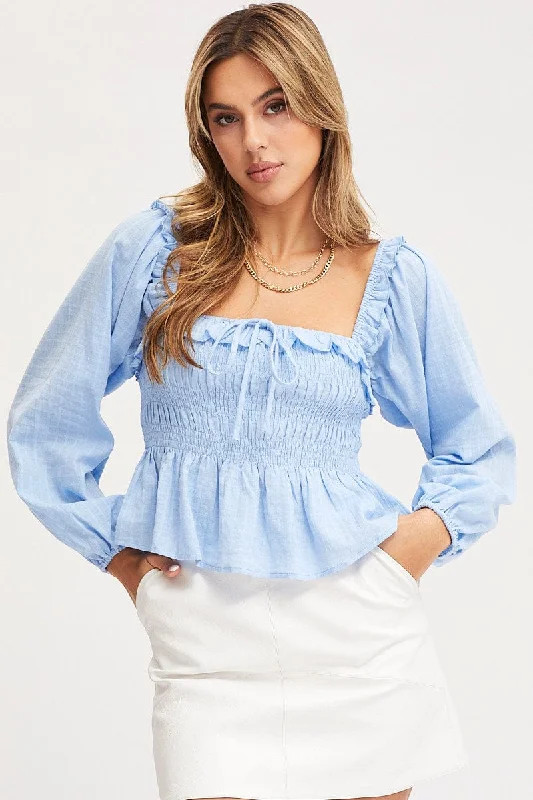 Blue Peplum Top Long Sleeve Semi Crop