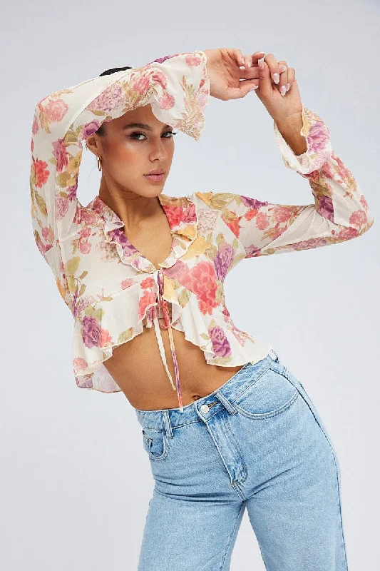 White Floral Bolero Long Sleeve V Neck