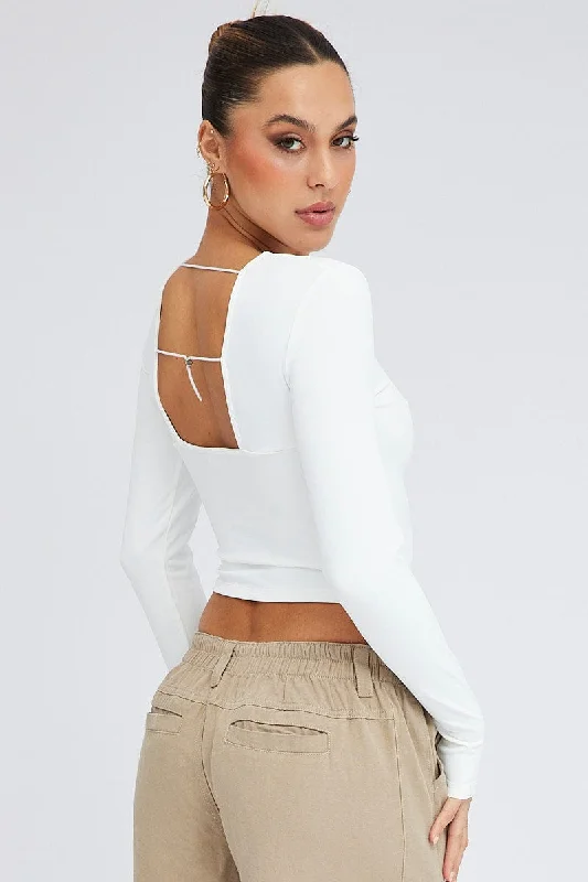 White Top Long Sleeve Round Neck Elastic Back Jersey